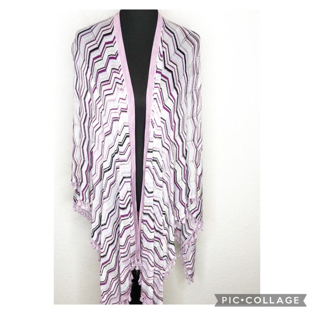 WHBM white and purple chevron knit tassel trim shawl sweater Medium‎ / Large